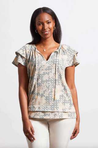 Tribal Jeans Peach Sun Printed Peasant Top with Double Frill Sleeves