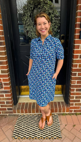 Lulu B Blue Maze Collar Button V-Neck Travel Dress