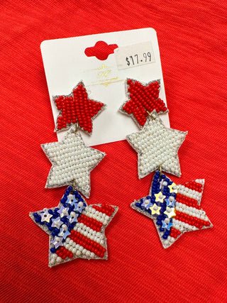 Red, White, and Blue Triple Star Beaded Earrings
