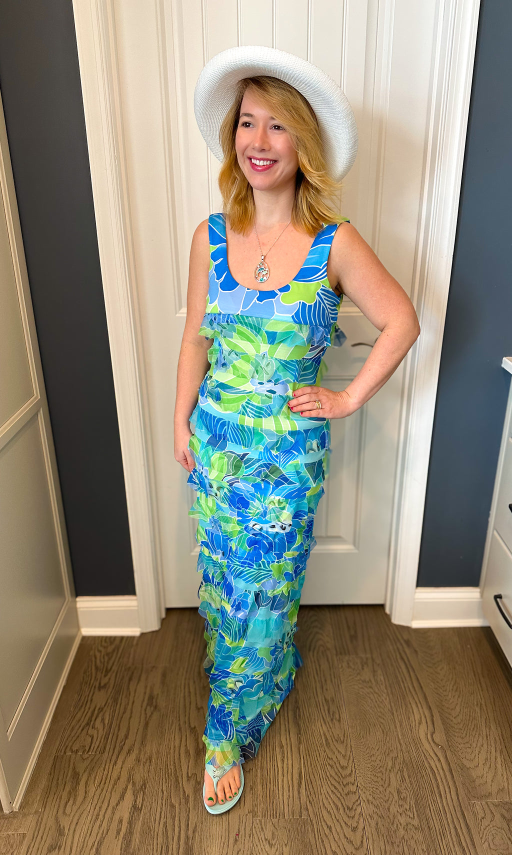 midi green dress for wedding guest Tango Mango Blue Palm Maxi Cha Cha Dress M
