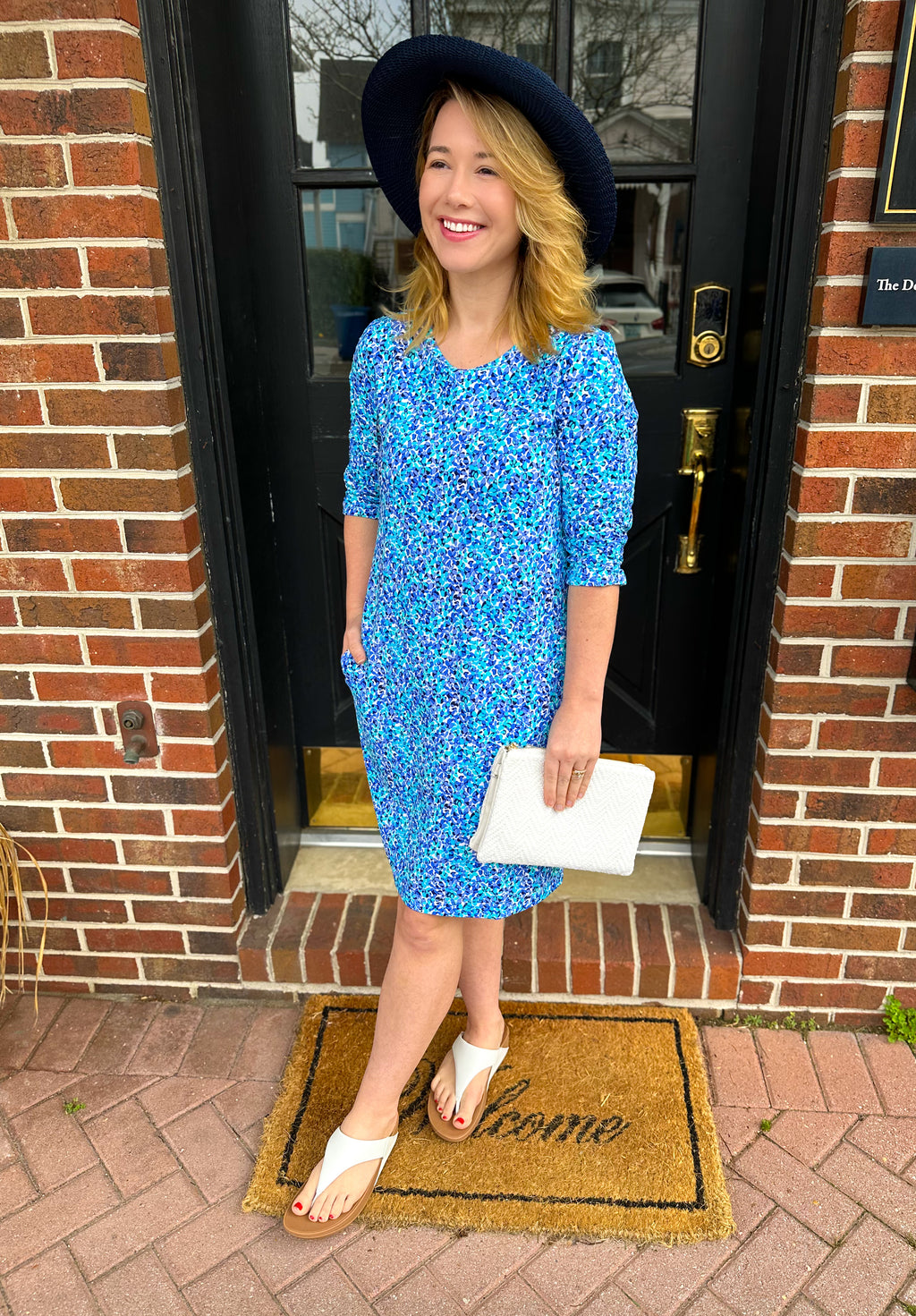 Beachtime by Lulu B Blue Floral 3/4 Sleeve Dress S