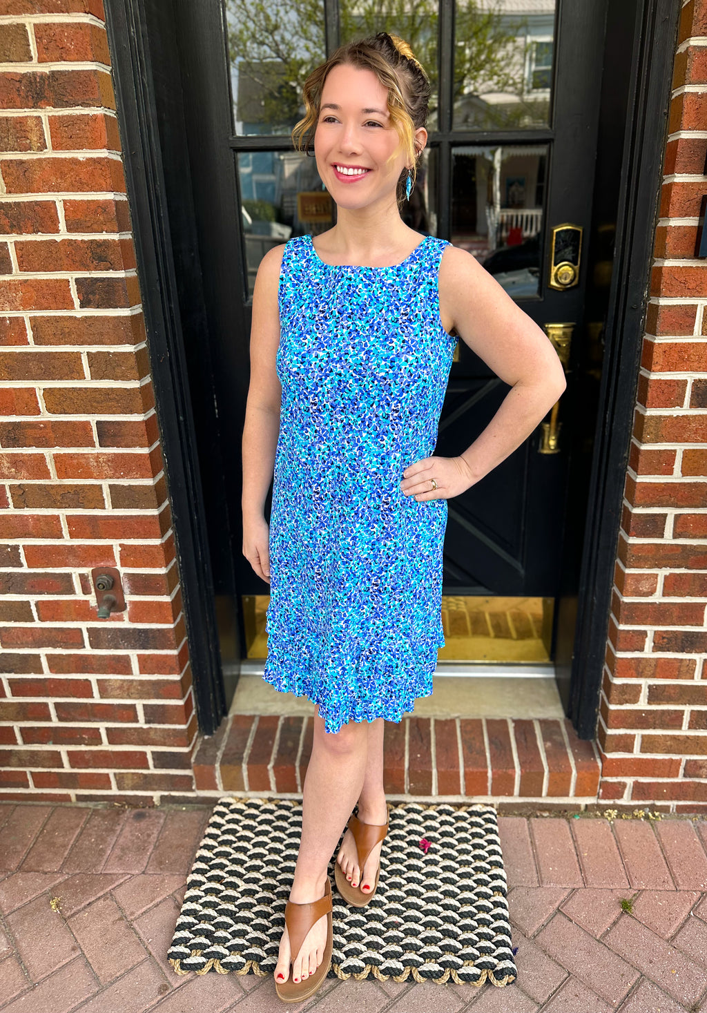 Beachtime by Lulu B Blue Floral Multi Ruffle Trim Dress M