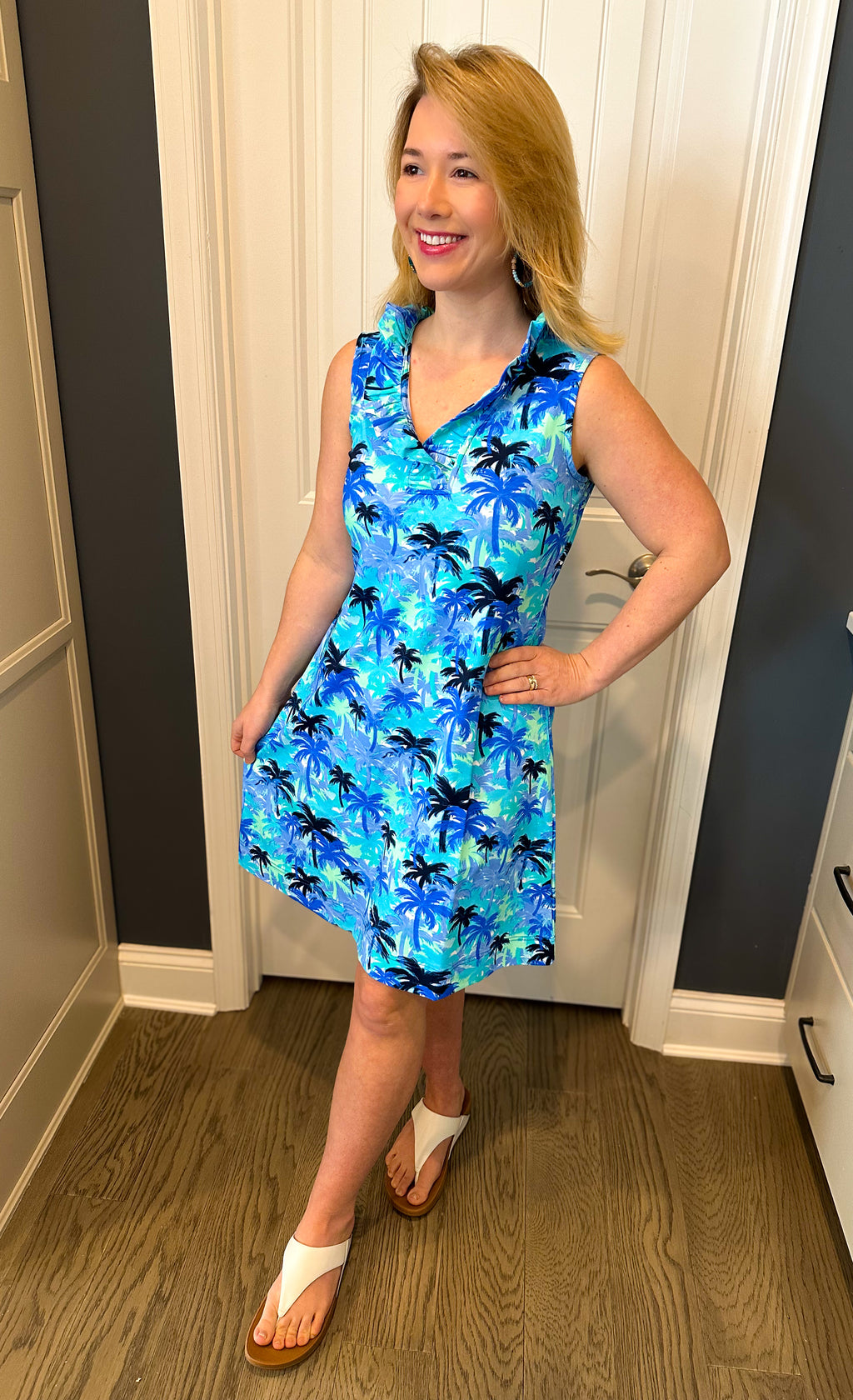 Lulu B Blue Palm Tree Ruffle Neck Dress – Blooming Boutique