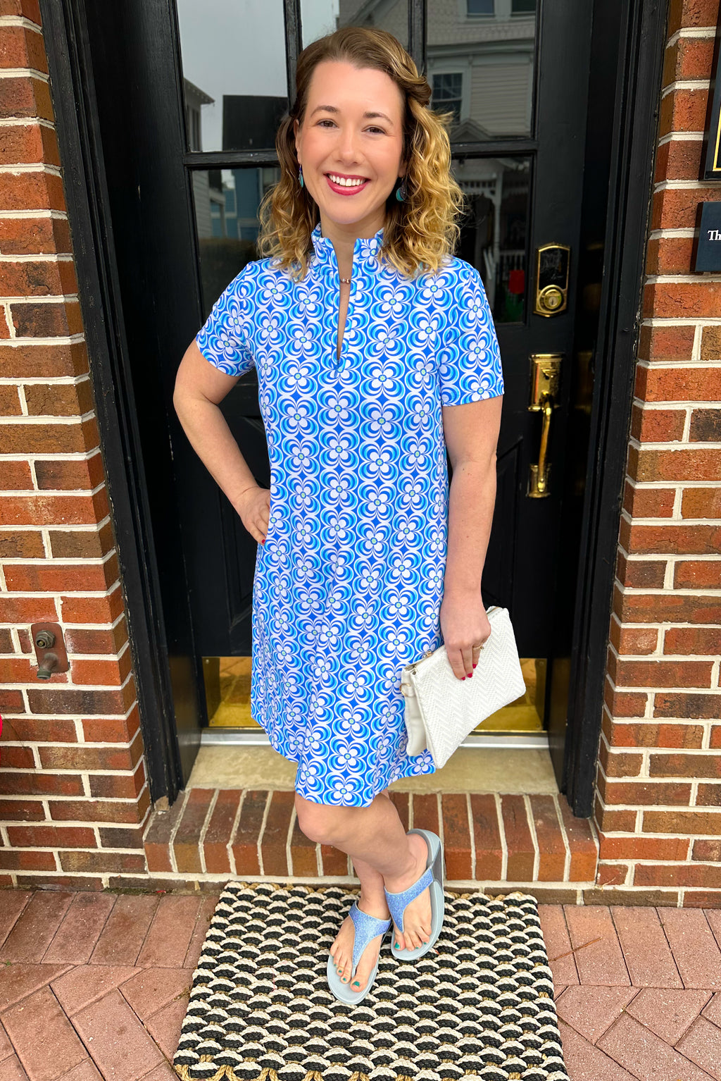 Lulu B Bright Periwinkle Flower Short Sleeve Quarter Zip Dress S
