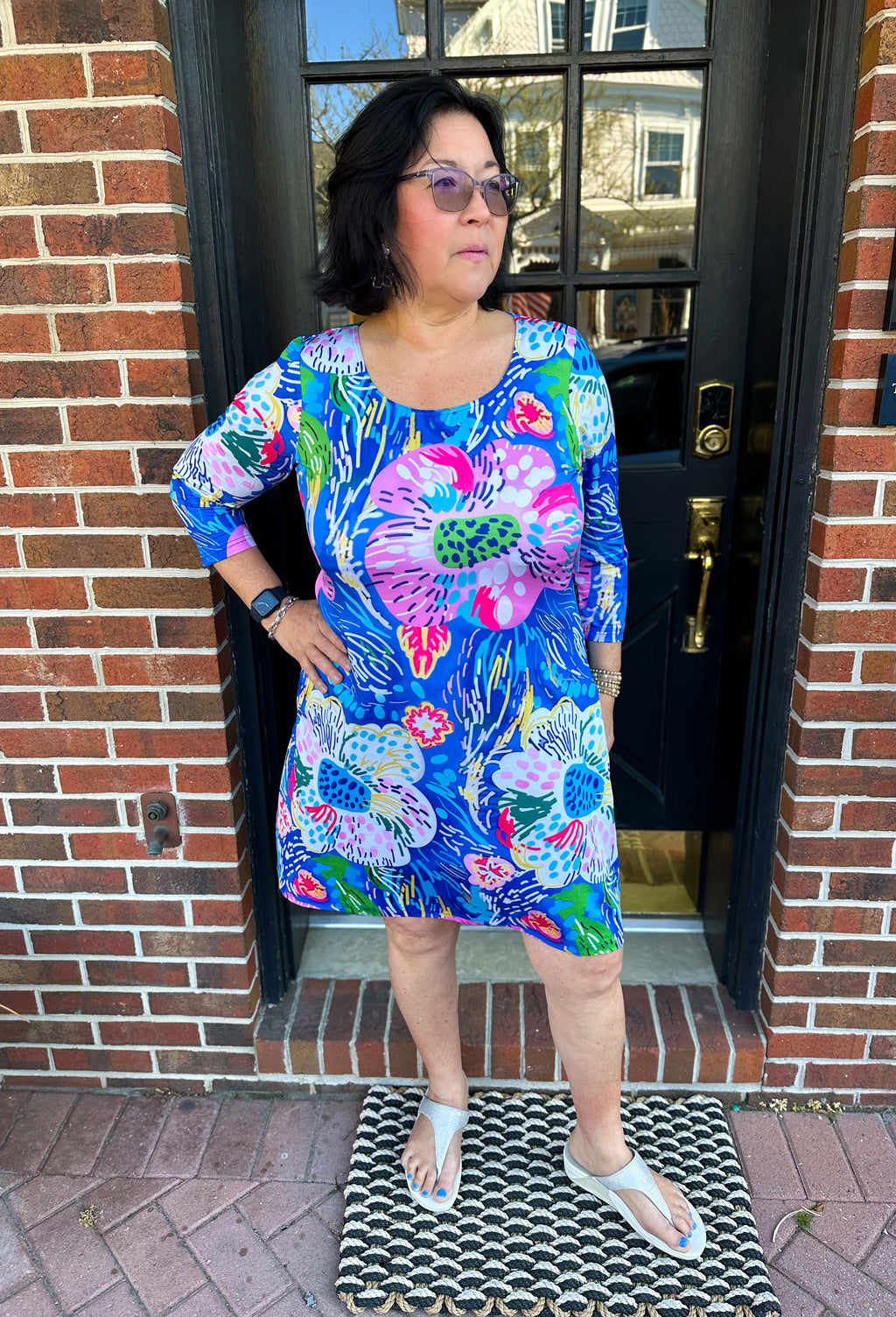 Tango Mango Blue Floral A-line Dress with Sleeves Tango Mango Blue Floral A-line Dress with Sleeves