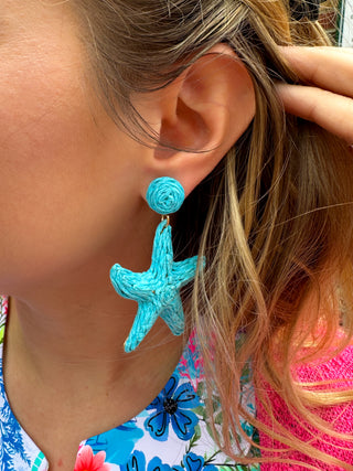 Wrapped Raffia Starfish Earrings Aqua