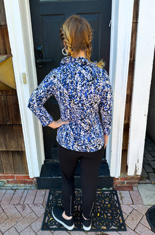 Lulu B Ruffle Neck Navy and Sand Vine Top