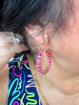 Pink and Gold Beaded Hoop Earrings