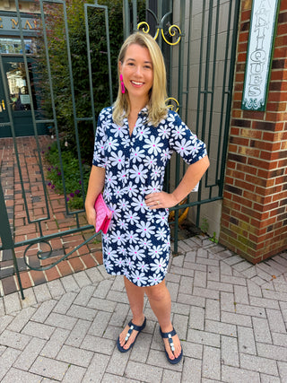 Lulu B UPF 50 Navy Daisy Collar Button Down Dress
