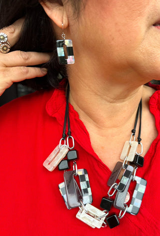 Black and White Checkered Necklace and Earring Set