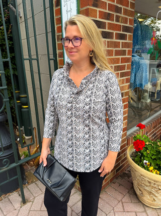 Lulu B Ruffle Neck Black Chevron Top