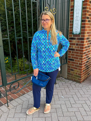Beachtime by Lulu B Blue Window Pane Quarter Zip-Up Pull-Over