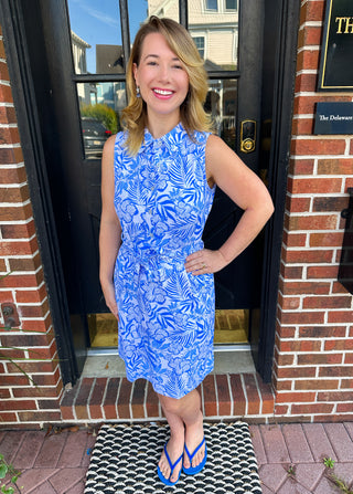 Lulu B White and Blue Floral Button Tie Dress