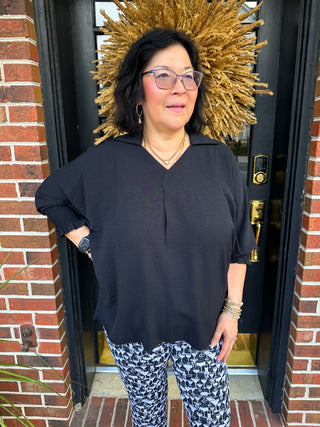 Tango Mango Black V-neck Top with Ruched Sleeve