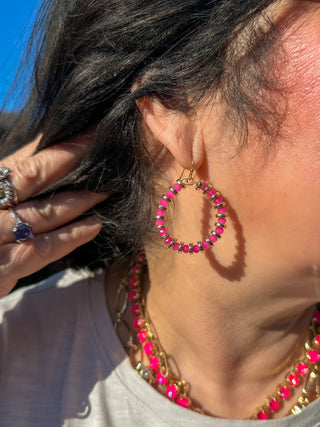 Fuchsia Beaded Hoop Earrings
