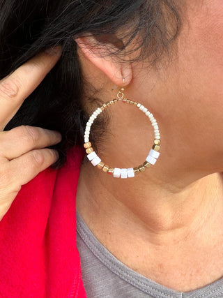 Cream and Gold Beaded Hoop Earrings