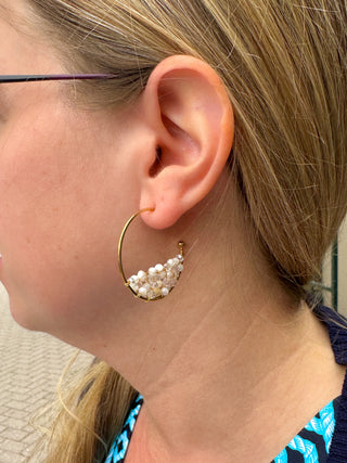 White and Gold Beaded Hoop Earrings