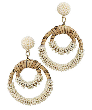 Seedbead & 2 Circle Rattan Earrings Ivory