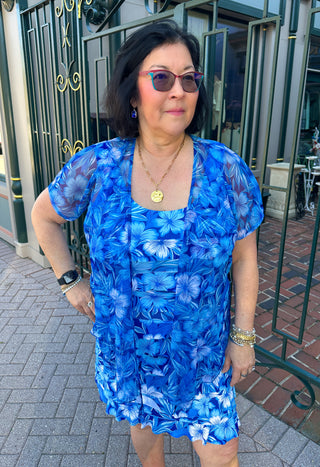 Tango Mango Sheer Mesh Blue Flower Short Sleeve Bolero