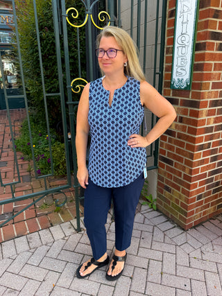 Lulu B Periwinkle and Navy Geometric Link UPF 50+ Sleeveless Keyhole Top