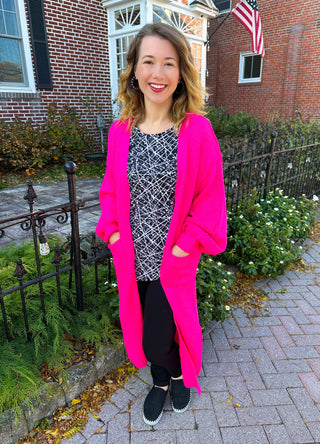 Vibrant Fuchsia Long Knit Cardigan with Pockets