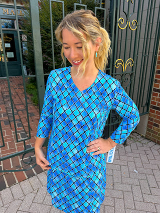 Beachtime by Lulu B Blue Window Pane V-Neck Top