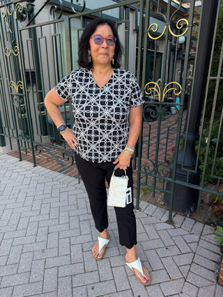 Lulu B Black and Stone Loops UPF 50+ Short Sleeve V-neck Top