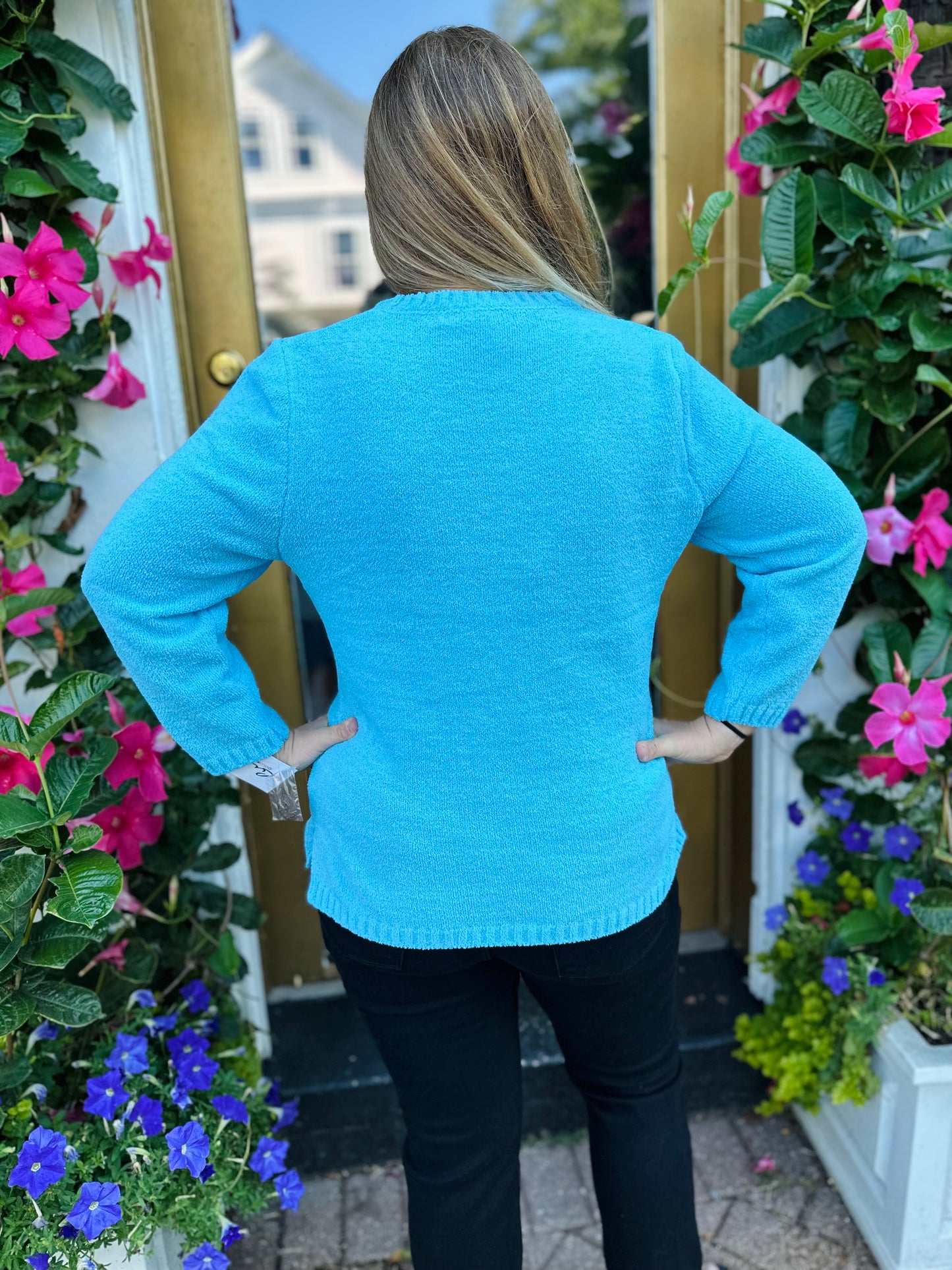 Lulu B Blue Chenille Anchor Embroidered Sweater