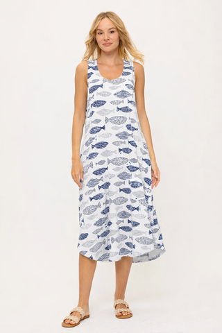 Cotton Lani Long Tank Dress with Pockets White Fish