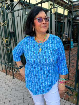 Lulu B Blue Dots Asymmetrical Scoop Neck Top