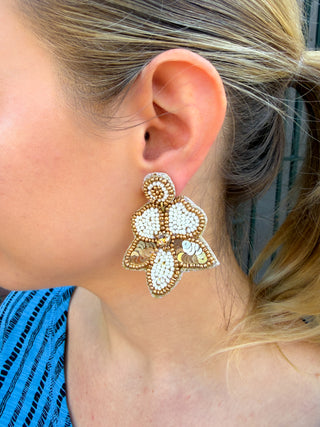 Seed Bead & Sequin Flower Earrings Ivory