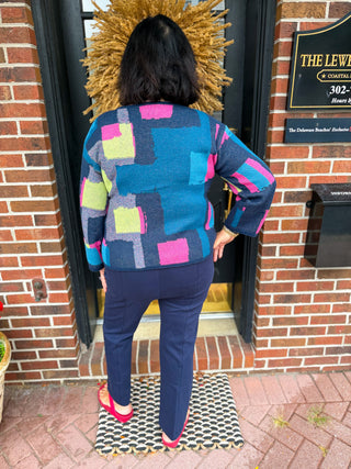 Olivia by Habitat Abstract Color Block Scoop Neck Sweater Teal
