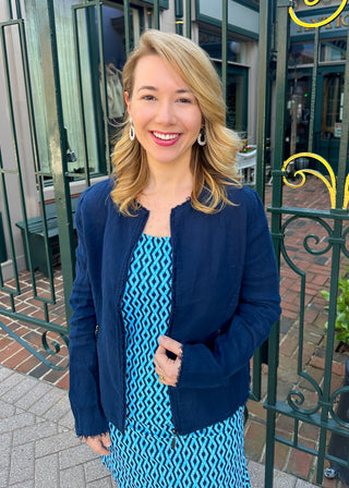 Lulu B Chic Navy Frayed Edge Linen Zip Jacket