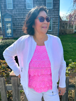 Lulu B Chic White Frayed Edge Linen Zip Jacket