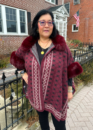 Maroon Trellis Wrap with Faux Fur Trim