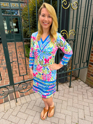 Tango Mango Bright Paradise 3/4 Sleeve V-Neck Dress