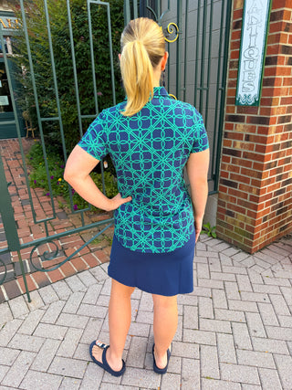 Lulu B Navy and Emerald Loops Short Sleeve Collar Top