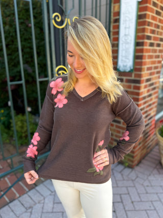 Charlie B Reversible Floral V-Neck Sweater in Coffee