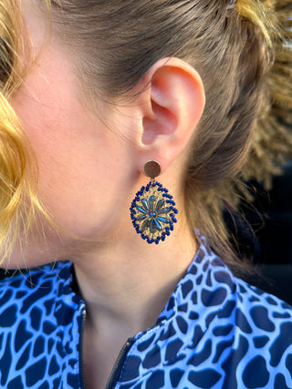 Navy Beaded Flower Earrings