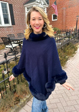 Navy Faux Fur Poncho