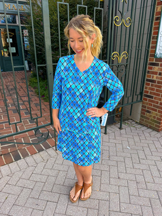 Beachtime by Lulu B Blue Window Pane V-Neck Top