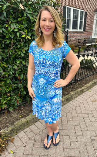 Tango Mango Blue Tide Medallion Short Sleeve Dress