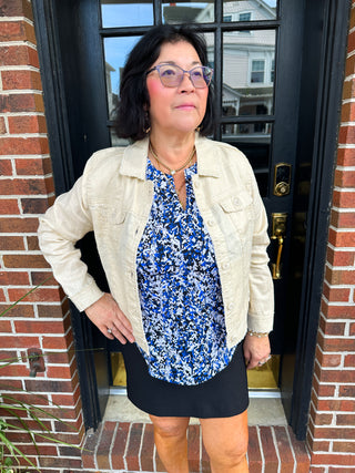 Lulu B Navy and Sand Vine Sleeveless Keyhole Top