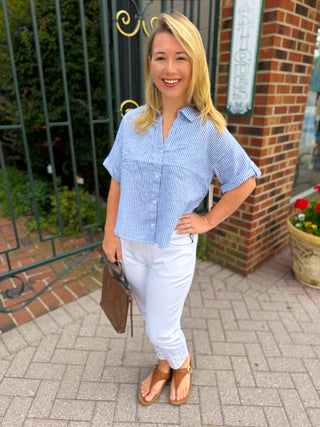 Coastal Blue Stripe Linen Blend Button Down Top