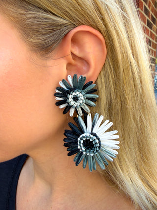 Raffia Black and White Flower Earrings