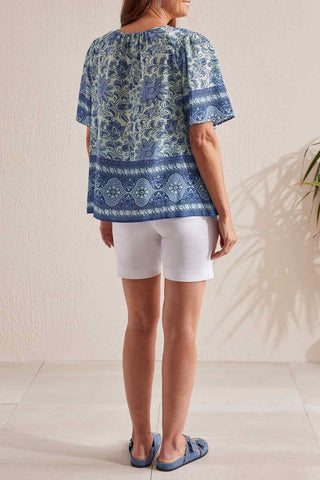 Tribal Jeans Bluestar Printed Short Sleeve Blouse With Tassels