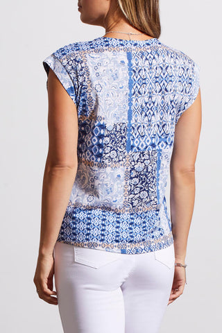 Tribal Jeans Bluestar Printed Sleeveless V-Neck Top With Ruching