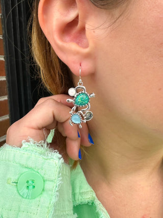 Green Turtle Silver Earrings