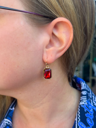 Gold and Red Crystal Rectangle Earrings