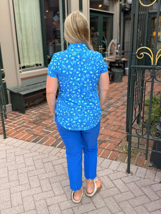 Beachtime by Lulu B Periwinkle Flower Power Short Sleeve Collar Top